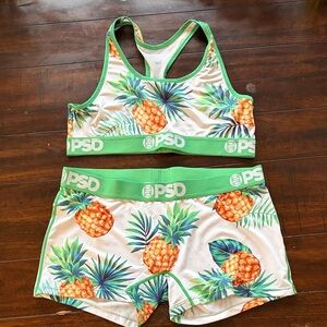 PSD Pineapple Print Sports Bra & Boxer Shorts Set - Green Trim
